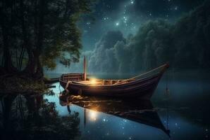 trä- båt på de flod med de skönhet av de natt himmel. ai generativ foto