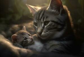 närbild av kattunge med söt mor katt. generativ ai foto