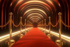röd matta hall med hinder och röd tågvirke för bio och mode utmärkelser, en ceremoni för kändisar personer. generativ ai foto