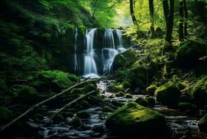 skön vattenfall i de grön skog. generativ ai foto