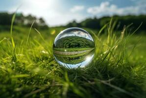 de glas boll på de grön gräs reflekterad natur landskap. generativ ai foto