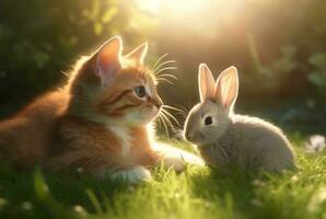 söt katt med söt kanin spelar på de grön gräs av de trädgård med suddig bakgrund och solljus. generativ ai foto