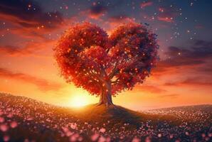 hjärta formad träd med skön solnedgång. generativ ai foto