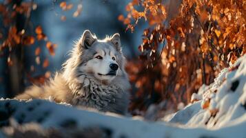 majestätisk alaskan malamute i snötäckt skog, ai generativ foto