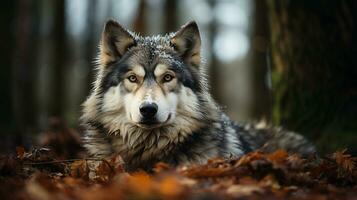 majestätisk alaskan malamute i snötäckt skog, ai generativ foto