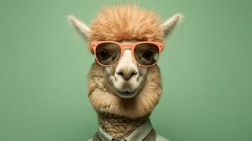 generativ ai, alpacka förtjusande en eleganta alpacka sportslig solglasögon foto