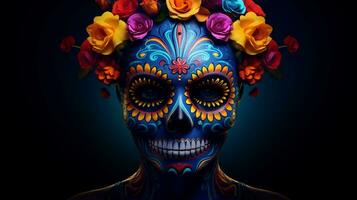 festlig calavera ansikte måla dia de los muertos, ai generativ foto