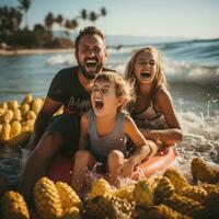 skrattande familj har roligt medan ridning på en banan båt foto