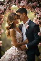 Lycklig nygifta kissing under en skön blommig båge foto