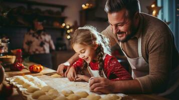 familj bindning över rullande ut deg och använder sig av kaka fräsar foto