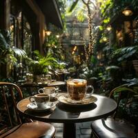 ett estetisk studio kaffe affär interiör terar en kaffe kopp och växt en kaffe kopp och växt på en tabell foto