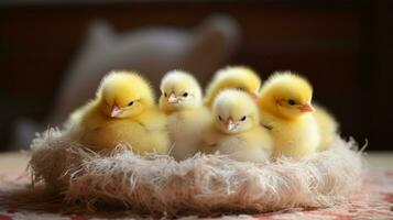 mysigt fluffighet förtjusande bebis kycklingar i en mjuk bo, ai generativ foto