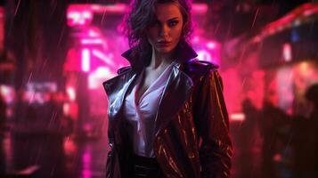 gåtfull elegans neon noir femme ödesdigert, ai generativ foto