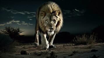 månljus jaga smyg lejon på de stryka omkring, ai generativ foto