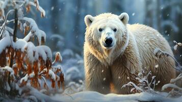 arktisk majestät polär Björn i snö skog, ai generativ foto