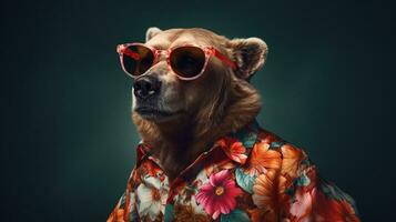 björnens halvkropp skjuta med hawaiian skjorta och solglasögon, ai generativ foto