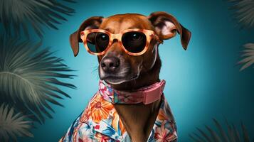 hund i hawaiian skjorta och solglasögon nådar topp mode, ai generativ foto