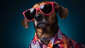 hund i hawaiian skjorta och solglasögon nådar topp mode, ai generativ foto