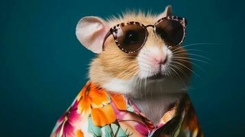 hamster hawaiian skjorta och solglasögon tidskrift omslag, ai generativ foto