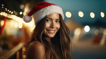 skön kvinna i santa hatt på en strand jul fest foto