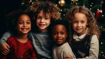 grupp av Lycklig barn annorlunda nationaliteter med färgrik lampor foto