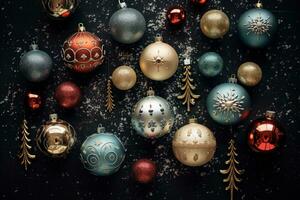 konstnärligt anordnad jul ornament i en festlig. generativ ai foto