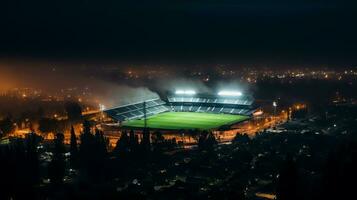 stadion med en grön fält på natt. generativ ai foto