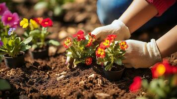 händer plantering färgrik blommor. generativ ai foto