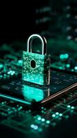Cybersäkerhet ser till användare Integritet med kryptering, betona data skydd och digital säkerhet vertikal mobil tapet ai genererad foto