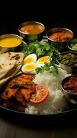 smakrik tallrik kyckling thali terar friterad kyckling, ägg curry, linser, biryani, roti, och lök vertikal mobil tapet ai genererad foto