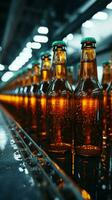 transportband bälten grund DOF spotlights öl flaskor, visa upp tillverkning krångligheter med fokus vertikal mobil tapet ai genererad foto