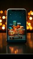 mobil marknader sammanslagna uppkopplad handla ikon på smart telefon förkunnar global handel vertikal mobil tapet ai genererad foto