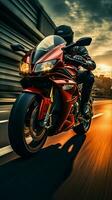 röd motorcykel, cyklist i fokus, hastigheter längs motorväg, bakgrund en rörelse suddig rusa vertikal mobil tapet ai genererad foto