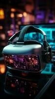 vr enhet på kontrollera tabell innovativ tech uppstart mot en bakgrund av möjligheterna vertikal mobil tapet ai genererad foto