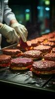 slaktare mästerligt bearbeta kött in i utsökt hamburgare patties med precision och vård vertikal mobil tapet ai genererad foto