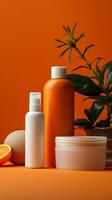 kosmetisk Produkter stå på orange bakgrund, tillhandahålla rum för text i reklam. vertikal mobil tapet ai genererad foto