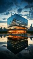 dominerande horisont, en spretig modern kontor byggnad definierar urban elegans och effektivitet. vertikal mobil tapet ai genererad foto