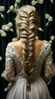 konst av flätning frisörer bak- se som invecklad fläta omvandlar bröllop hår styling vertikal mobil tapet ai genererad foto