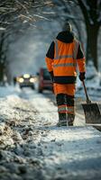 trottoar rensas förbi väg arbetstagare i särskild klädsel, avlägsnande snö efter snöstorm. vertikal mobil tapet ai genererad foto