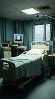 enslig säng fyllningar ledig sjukhus rum, oberörd förbi några närvaro eller aktivitet. vertikal mobil tapet ai genererad foto