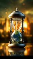 tickande kris timglas ställer ut jorden, symboliserar brådskande karaktär i global uppvärmningen begrepp vertikal mobil tapet ai genererad foto