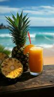 tropisk glädje uppfriskande ananas dryck haft mot en fantastisk strand bakgrund vertikal mobil tapet ai genererad foto