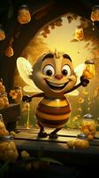 tecknad serie bi på bikupa, vinka bredvid honung burkar, honungsbin i flyg charmig landsbygden scen vertikal mobil tapet ai genererad foto
