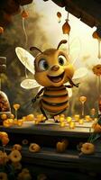 tecknad serie bi på bikupa, vinka bredvid honung burkar, honungsbin i flyg charmig landsbygden scen vertikal mobil tapet ai genererad foto