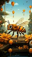 landsbygden tecknad serie bi på bikupa, honung burkar närliggande, honungsbin flyga en charmig illustration vertikal mobil tapet ai genererad foto