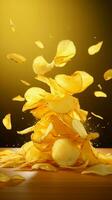 snabb mat magi potatis pommes frites få att sväva mot gul bakgrund, ett förtjusande kulinariska bearbeta vertikal mobil tapet ai genererad foto