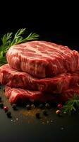 highlighting nötkött bild av kött biffar, de ord nötkött framträdande visas på topp vertikal mobil tapet ai genererad foto