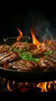 fräsande nötkött kotletter i wok panorera, rök och brand, mot elegant svart studio bakgrund vertikal mobil tapet ai genererad foto
