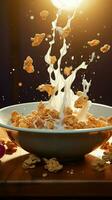 skål fångar vitalitet granola, mjölk påverka varandra i i luften, formning friska morgon- uppehälle vertikal mobil tapet ai genererad foto