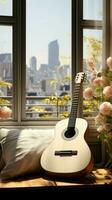 klassisk lugn trivs i de hjärta av en modern stad lägenhet med en gitarr. vertikal mobil tapet ai genererad foto